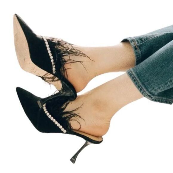 Antonio Melani x Nicola Bathie Liz Ostrich Feathers Rhinestone Suede Dress Mules - Picture 5 of 14